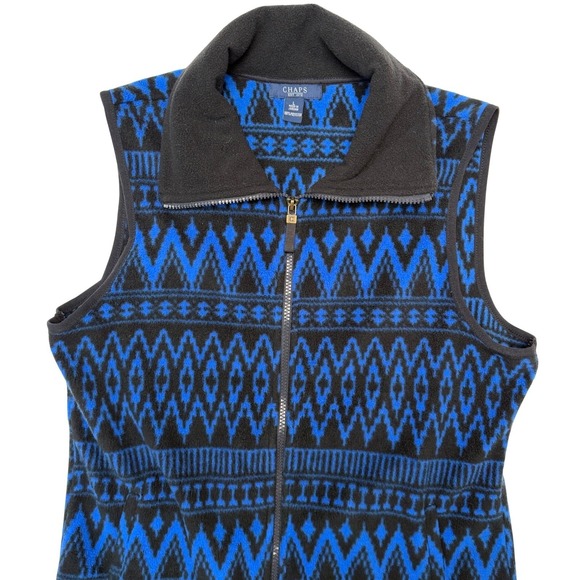 Chaps Jackets & Blazers - Aztec Fleece Vest Blue Black Large Southwestern Y2K Outdoor Chaps Nordic